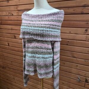 Y2K Womens Medium Pastel Rainbow Striped Off the Shoulder Sweater Grunge Granola